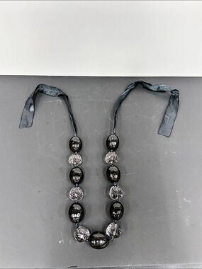 Large Black & Smoky Faceted Glass Statement Necklace – 18” – Ribbon Tie – 270g